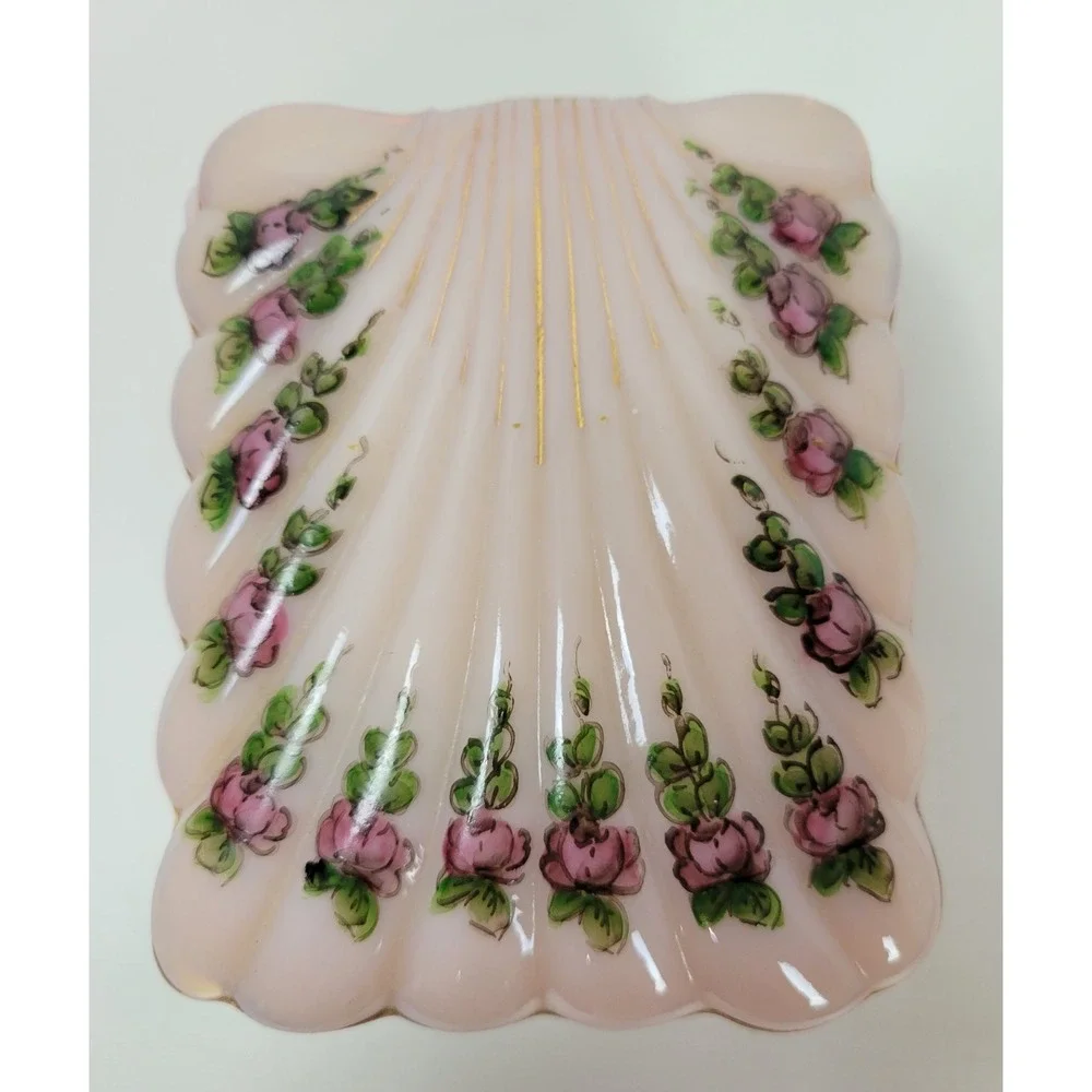 Vtg Cambridge Glass Crown Tuscan Trinket‎ Cigarette Box Seashell Pink Roses